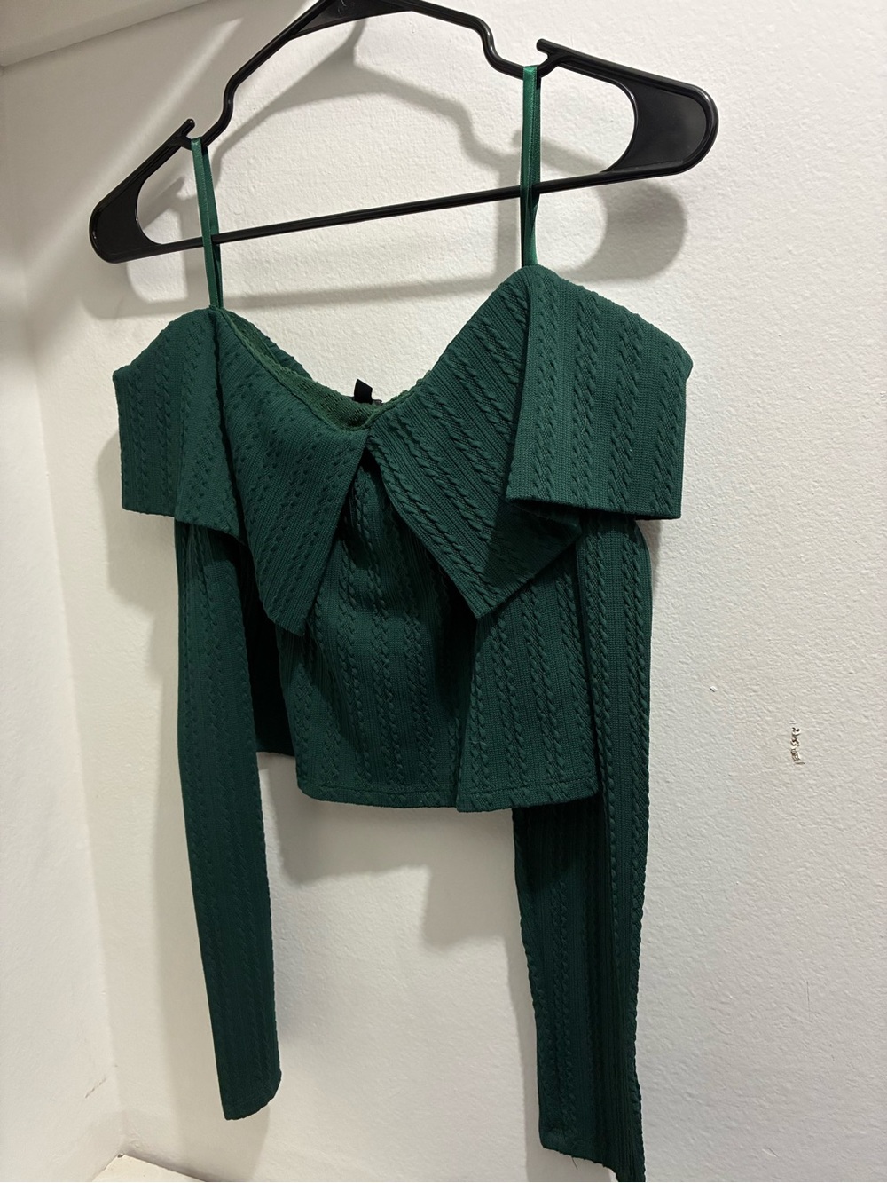 Forest Green Off-Shoulder Knit Crop Top with Folded Neckline